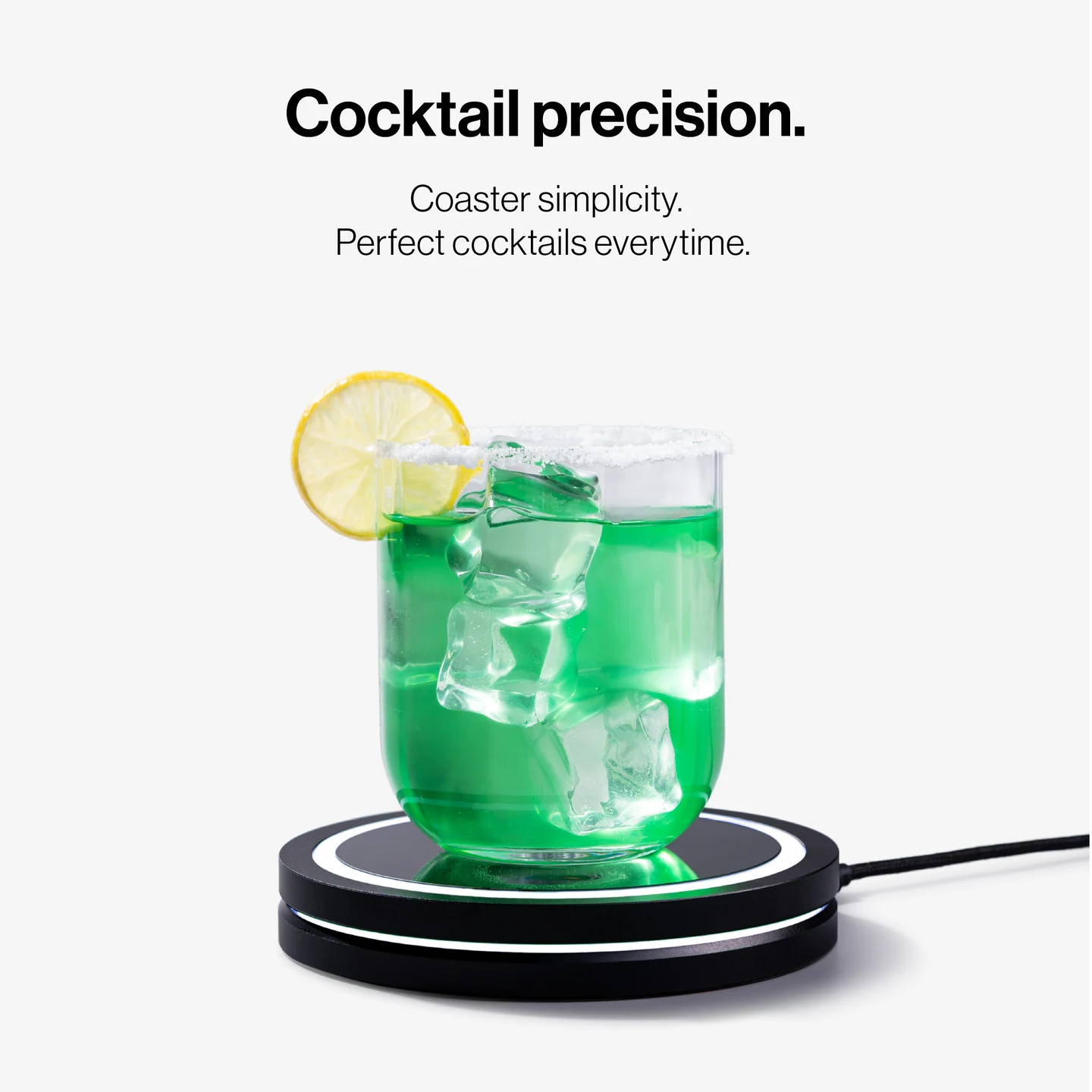 Panel text: “Cocktail precision. Coaster simplicity. Perfect cocktails everytime.” A green iced drink with a lemon slice resting on the black Coaster 2.0.